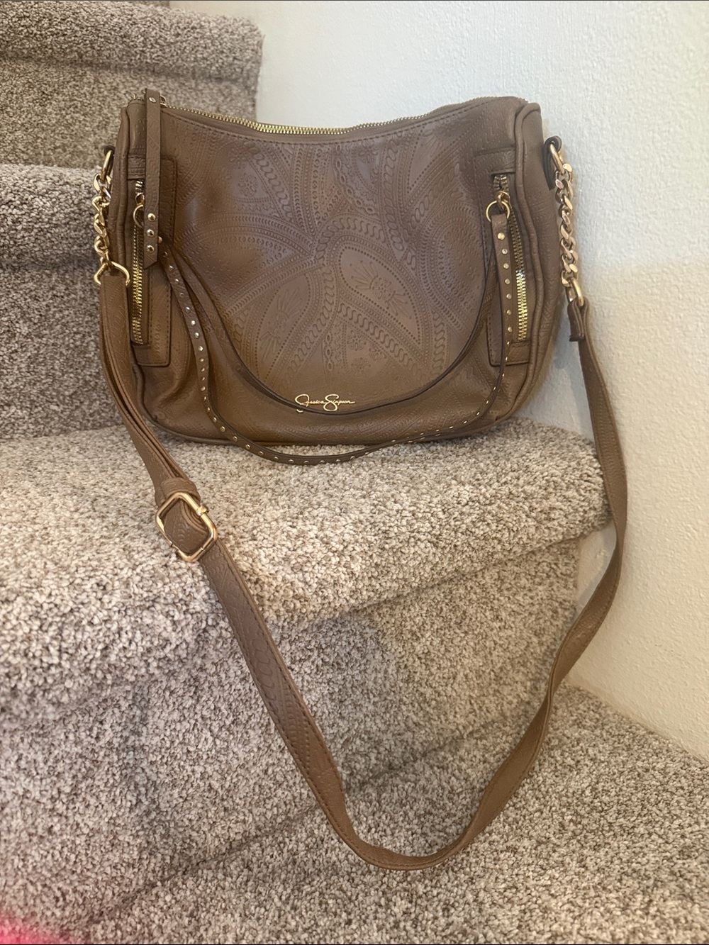 Jessica Simpson Taupe Brown Embossed Leather Shoulder Bag with Chain Accents